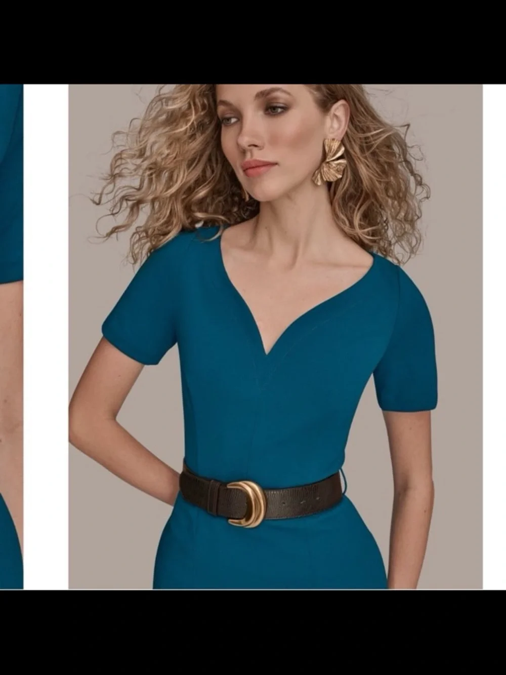 Donna Karan Teal V-Neck Midi Sheath Dress with Front Slits